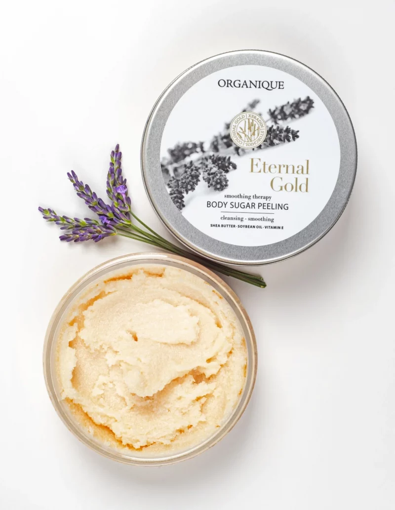 Exfoliante corporal de azúcar con manteca de karité y aceites naturales